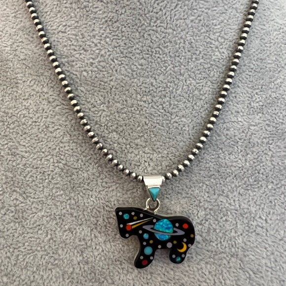 ❤️ Zuni Inlaid Galaxy Native Signed “GI” 925 Horse / Pony Pendant New Mexico - Picture 3 of 13